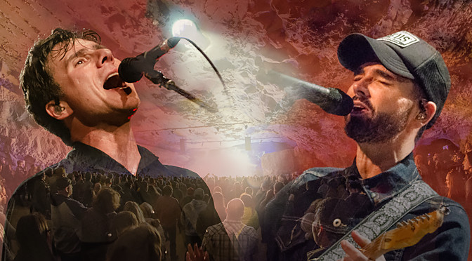 Composite of Jim Adkins and Chris Carraba with a crowd in a cave