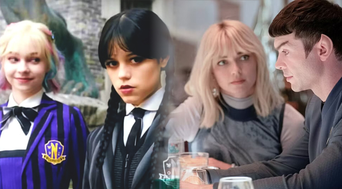 Composite image of Enid Sinclair and Wednesday Addams from Netflix’s Wednesday alongside Christine Chapel and Spock from Star Trek: Strange New Worlds, highlighting the parallel dynamics between the two duos.