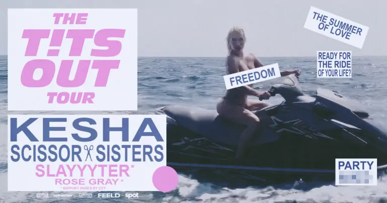Promotional graphic for Kesha’s 2025 Tits Out Tour featuring Kesha nude on a jet ski with bold tour branding and slogans like 'FREEDOM' and 'THE SUMMER OF LOVE'.