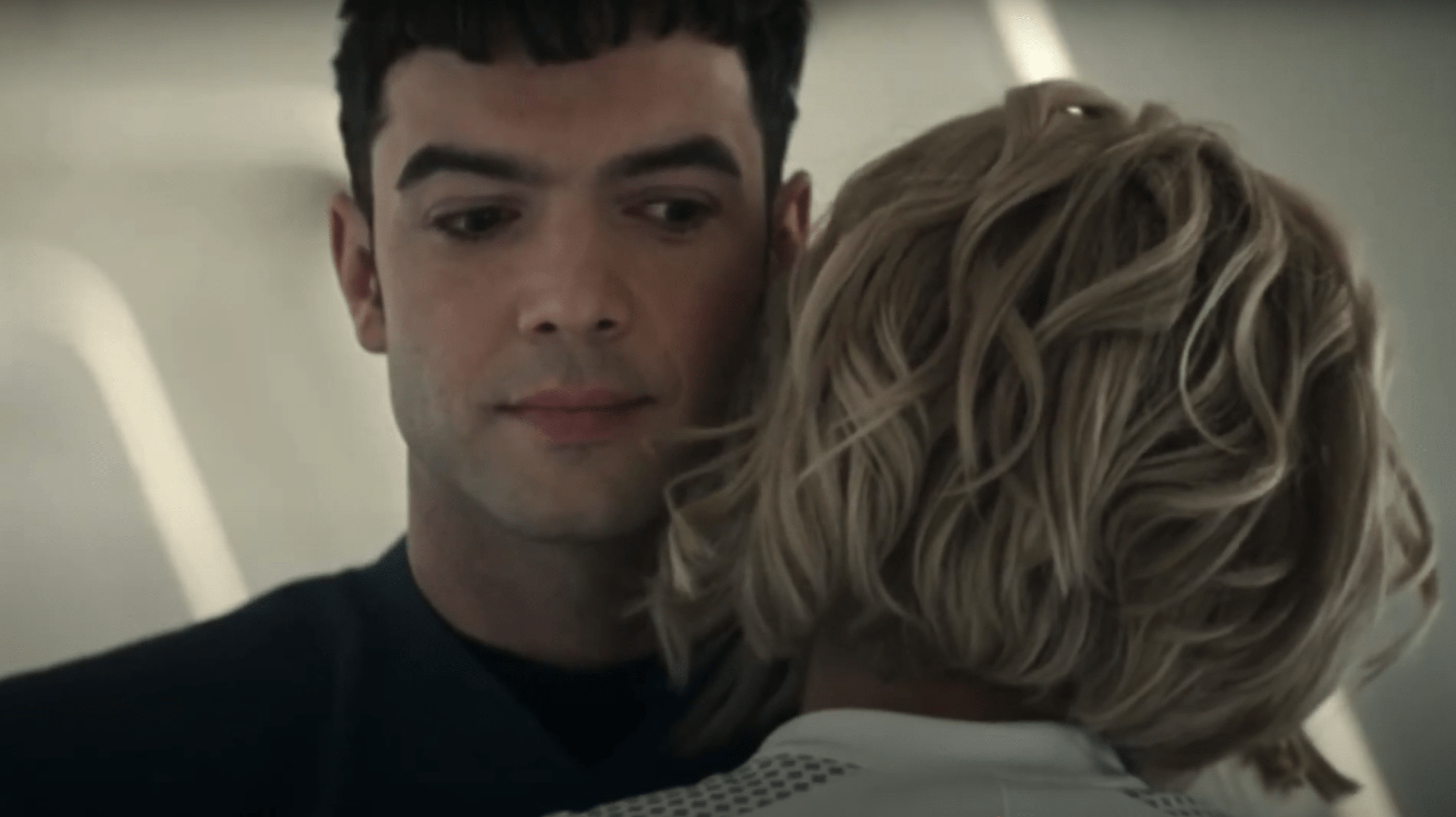Spock embraces Chapel while temporarily human in “Star Trek: Strange New Worlds” — a reversal of their usual dynamic, where his restraint gives way to freely offered comfort. (Credit: Paramount+)