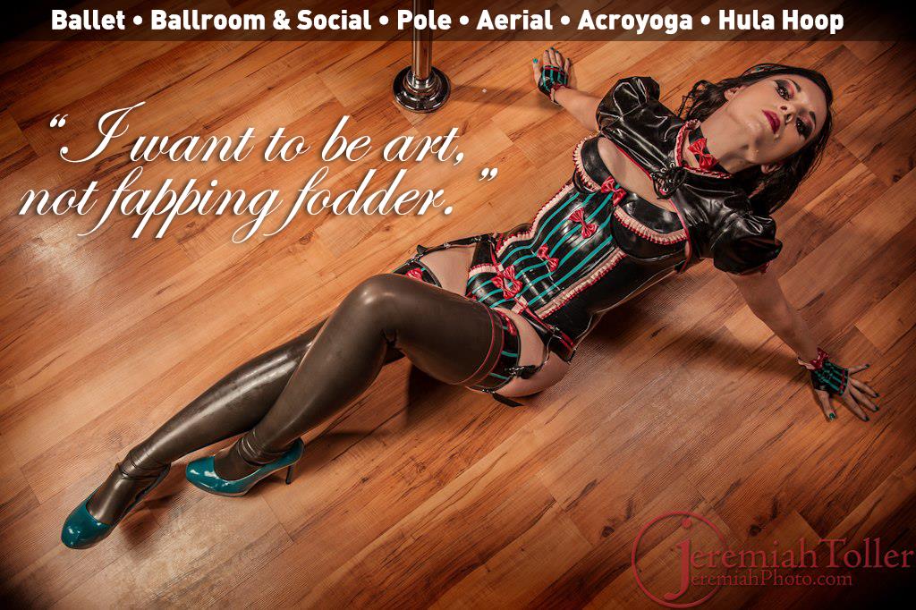 Author Katherine Amy Vega poses confidently in a Westward Bound custom latex ensemble at her pole dance studio, celebrating weight loss and self-empowerment.