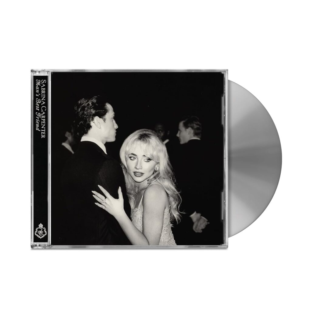 Sabrina Carpenter’s "Man’s Best Friend" alternate album cover in black and white, showing her in a glamorous dress embracing a man while looking over her shoulder.