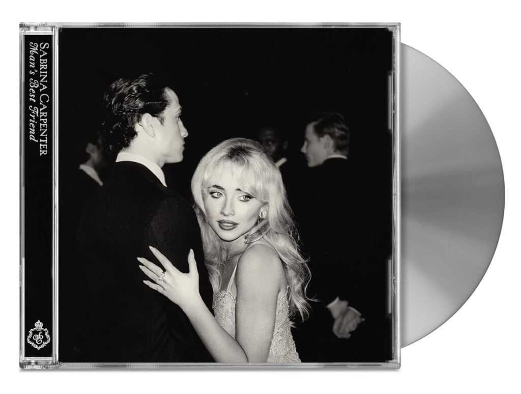 Sabrina Carpenter’s "Man’s Best Friend" alternate album cover in black and white, showing her in a glamorous dress embracing a man while looking over her shoulder.