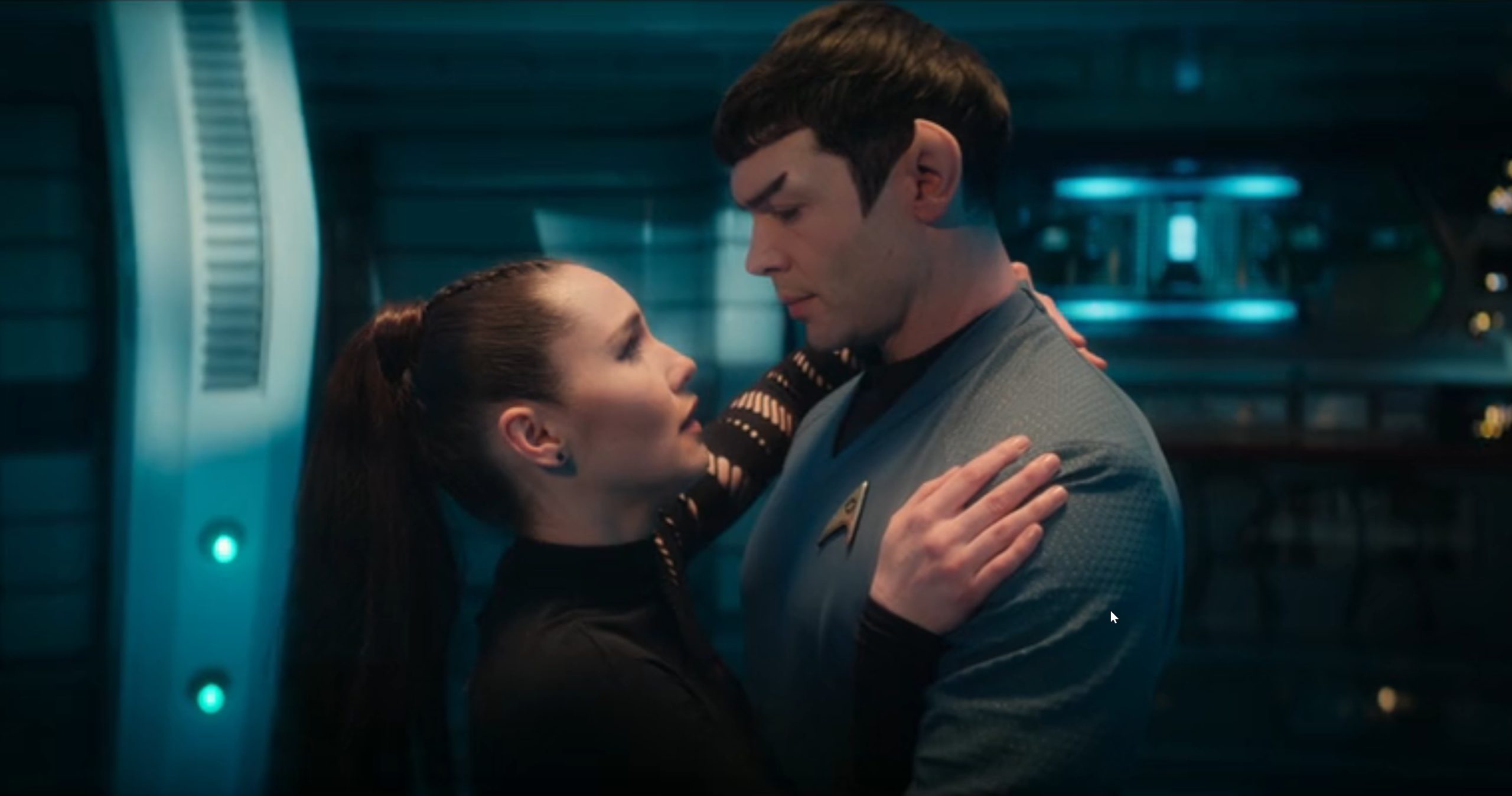 La’an Noonien-Singh and Spock hold each other at the end of a stylized sparring scene in Season 3, Episode 8 of Star Trek: Strange New Worlds.