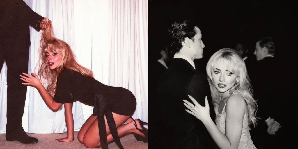 Official and alternate “Man’s Best Friend” album covers by Sabrina Carpenter. Left: provocative imagery with her on all fours, hair pulled. Right: black-and-white ballroom image labeled “God Approved.” A visual commentary on how women are judged through the Madonna/Whore lens.