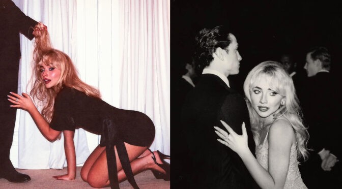 Official and alternate “Man’s Best Friend” album covers by Sabrina Carpenter. Left: provocative imagery with her on all fours, hair pulled. Right: black-and-white ballroom image labeled “God Approved.” A visual commentary on how women are judged through the Madonna/Whore lens.
