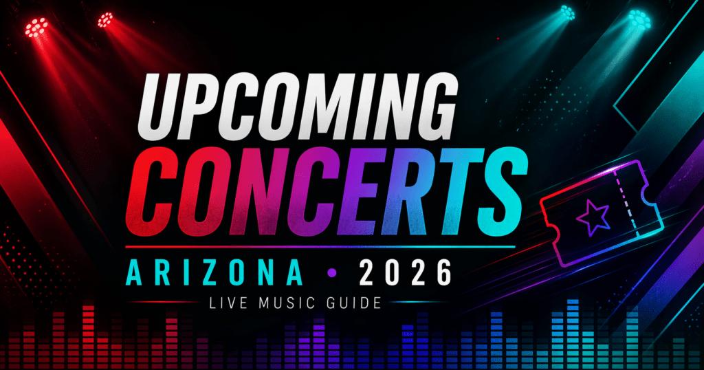 Upcoming concerts in Arizona 2026 featured image with neon concert lights, ticket icon, and equalizer bars