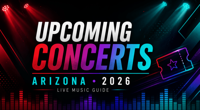 Upcoming concerts in Arizona 2026 featured image with neon concert lights, ticket icon, and equalizer bars