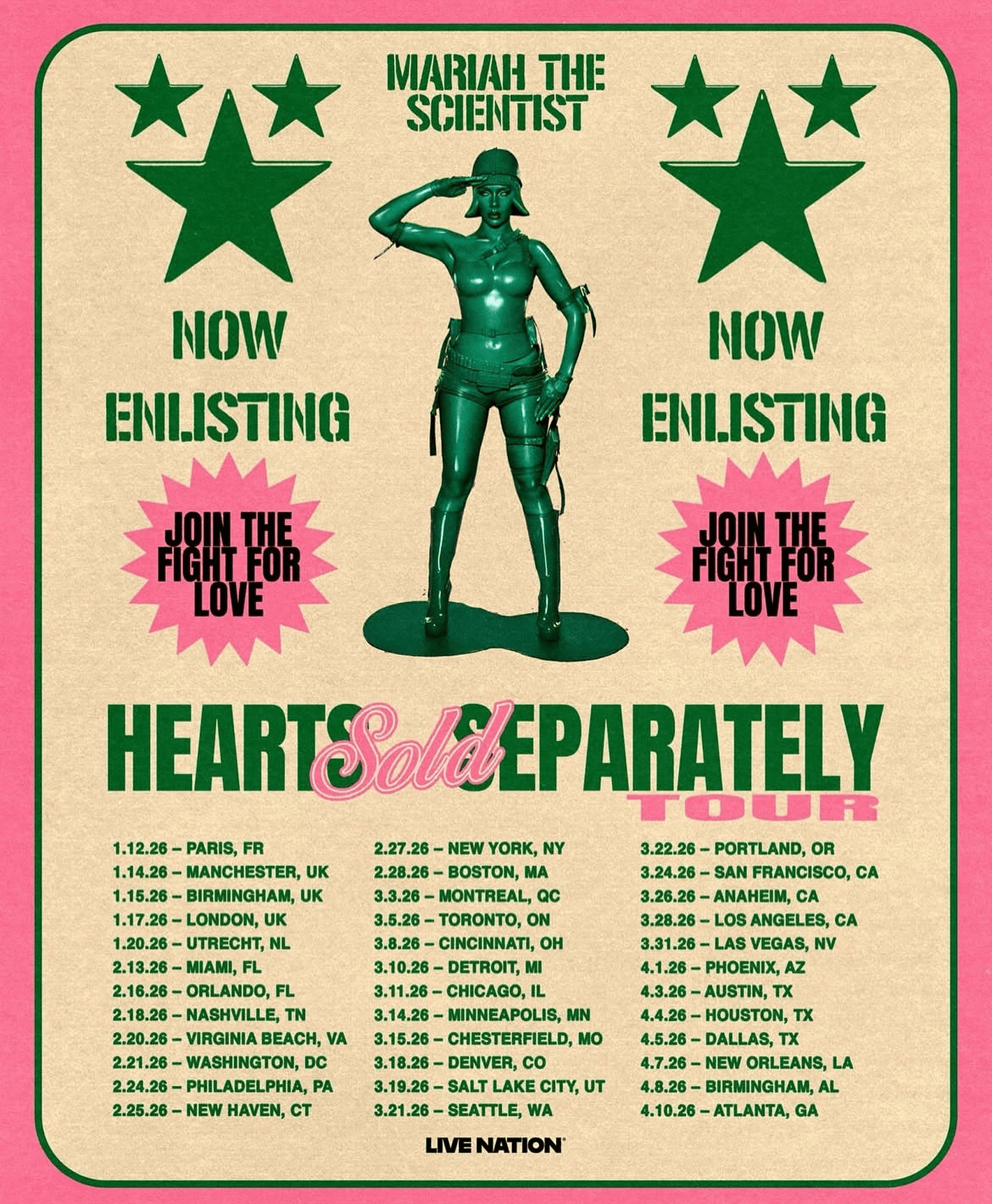 Mariah the Scientist “Hearts Sold Separately Tour” poster in pink and green, featuring a green toy-soldier style figure with “Now Enlisting” and “Join the Fight for Love,” plus a full list of 2026 tour dates (including Phoenix, AZ on April 1, 2026) and Live Nation branding.