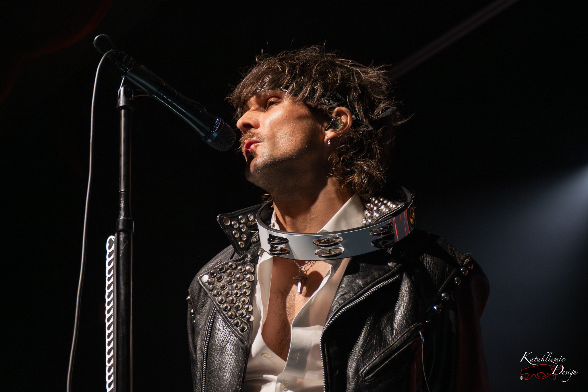 BOYS LIKE GIRLS frontman Martin Johnson sings into a microphone with a tambourine around his neck.