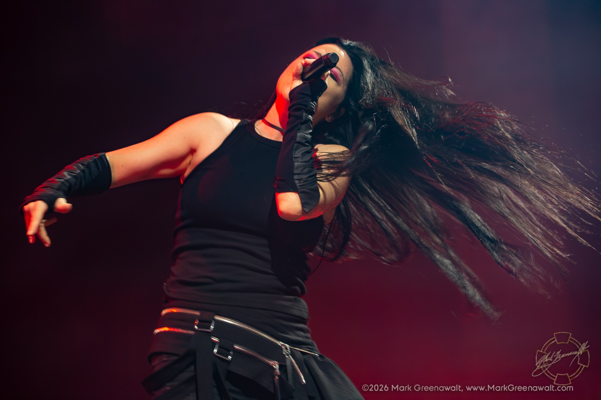 Amy Lee sings into a handheld microphone with her head tilted back, one arm extended and her long dark hair sweeping broadly to the side under red and purple stage lighting.