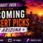 August 2026 upcoming concert picks in Arizona graphic featuring a Phoenix skyline, desert sunset, saguaro cacti, and cheering concert crowd.