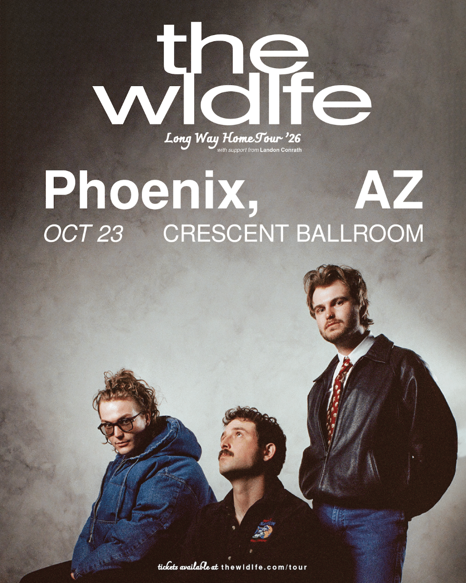 The Wldlfe's Long Way Home Tour 2026 concert poster announces an Oct. 23 performance at Crescent Ballroom in Phoenix, Arizona, with special guest Landon Conrath.